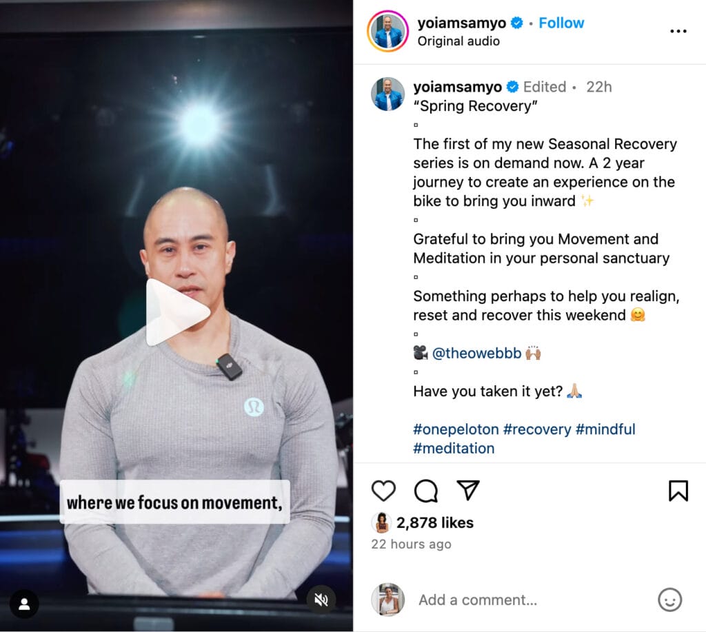 Sam Yo's Instagram post announcing new Spring Recovery classes.